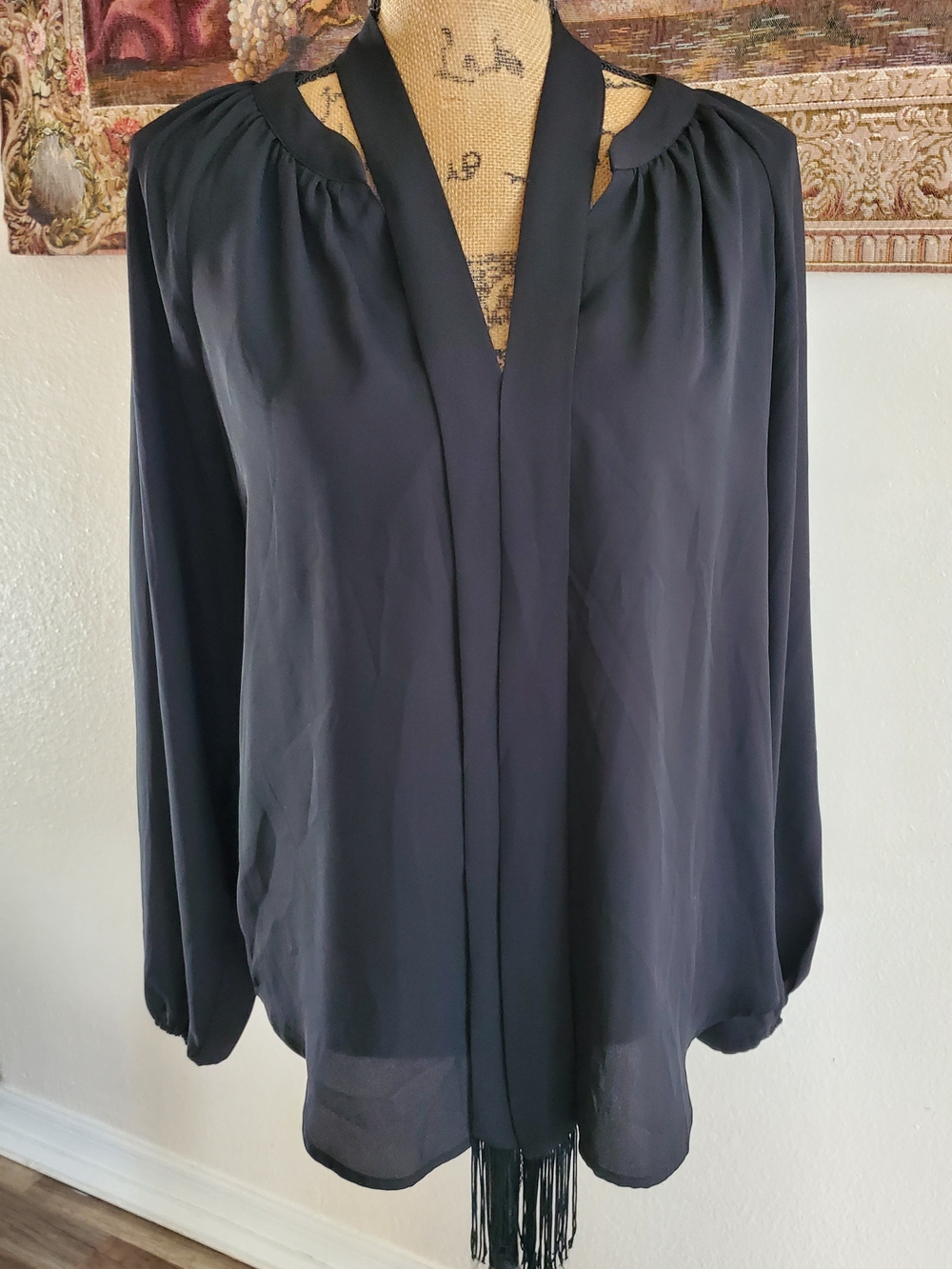 Soho Black Long-Sleeve V-Neck Blouse with Fringe Tie